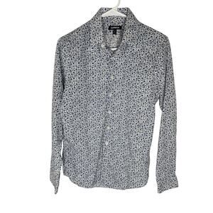 Express Floral Fitted Men's Floral White And Blue Cotton Button Down Shirt Xsmal